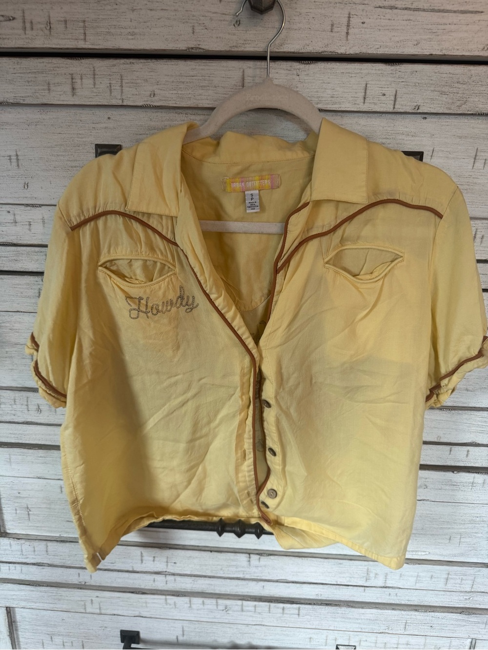 Urban Outfitters Yellow Cropped Shirt with Multicolor Label